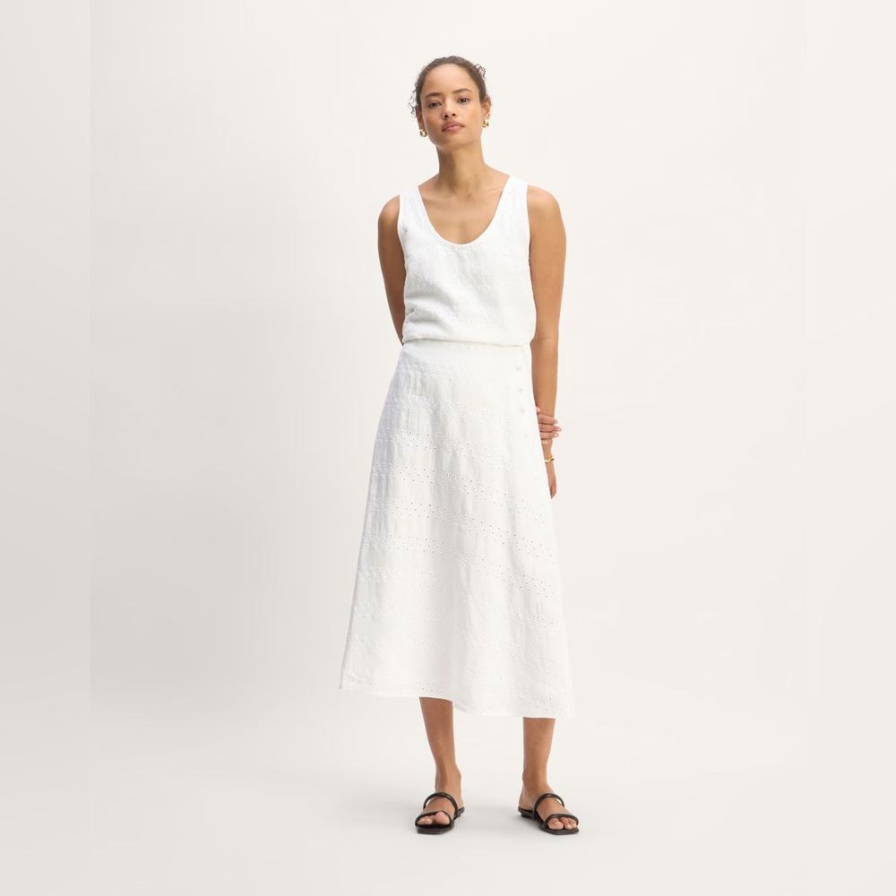 NWT Everlane Linen Eyelet Midi Skirt in White Eyelet, Size 8